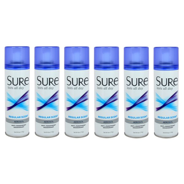 Aerosol Regular Scent Anti-Perspirant and Deodorant by Sure for Unisex - 6 oz Deodorant Spray - Pack of 6 on Sale