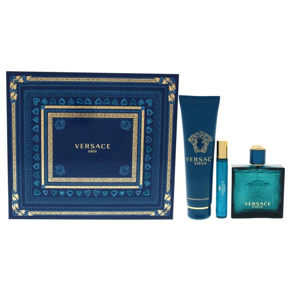 Versace Eros by Versace for Men - 3 Pc Gift Set 3.4oz EDT Spray, 0.3oz EDT Spray, 5.0oz Invigorating Shower Gel Online Sale