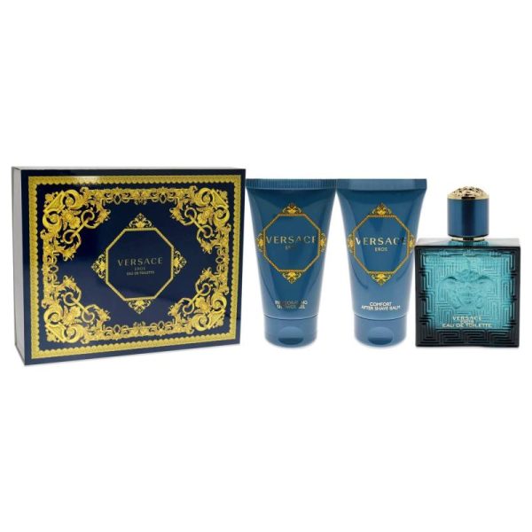 Versace Eros by Versace for Men - 3 Pc Gift Set 1.7 oz EDT Spray, 1.7 oz Comfort After Shave Balm, 1.7 oz Invigorating Shower Gel For Sale