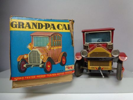 A Gem! GRANDPA CAR, 1440,Battery Operated,Tin litho Toy Car,1960s Made in JAPAN by Rosko,Antique Automobile on Sale