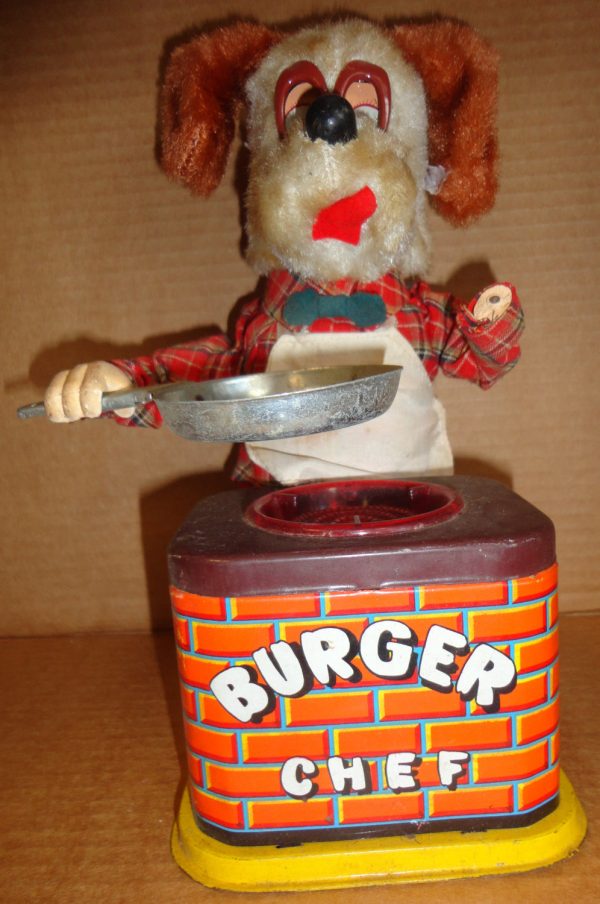 Battery Operated BURGER CHEF 1960s mechanical tin litho & plush toy DOG Fashion