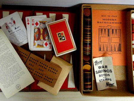 40s Original Mini Game set Muggins Cribbage Backgammon Playing Cards complete with booklets & Buy War Bonds Fashion