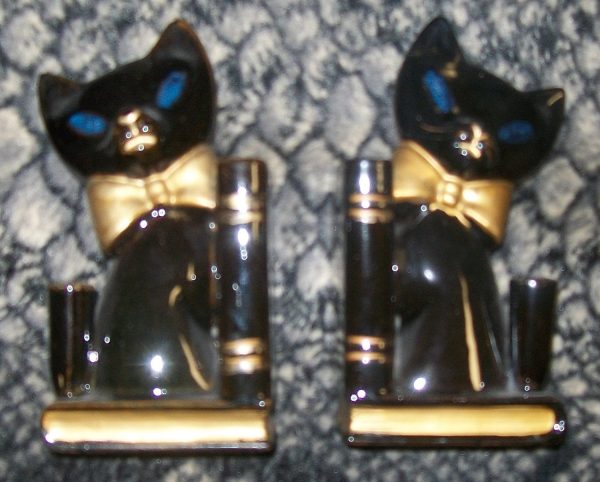 GROOVY small black cat porcelain BOOK ENDS Made in Japan Bedroom kitsch Fashion