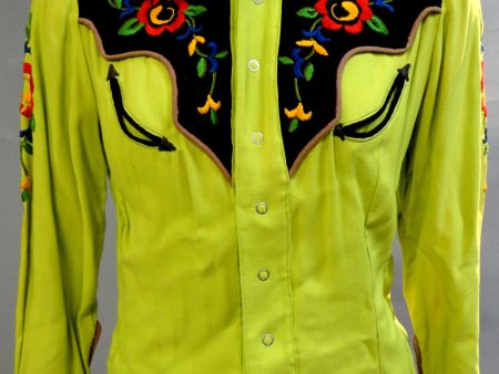 Spectacular Brilliant Lime Green ROCKABILLY Fifties Embroidered COWGIRL Top Western Shirt Small Supply