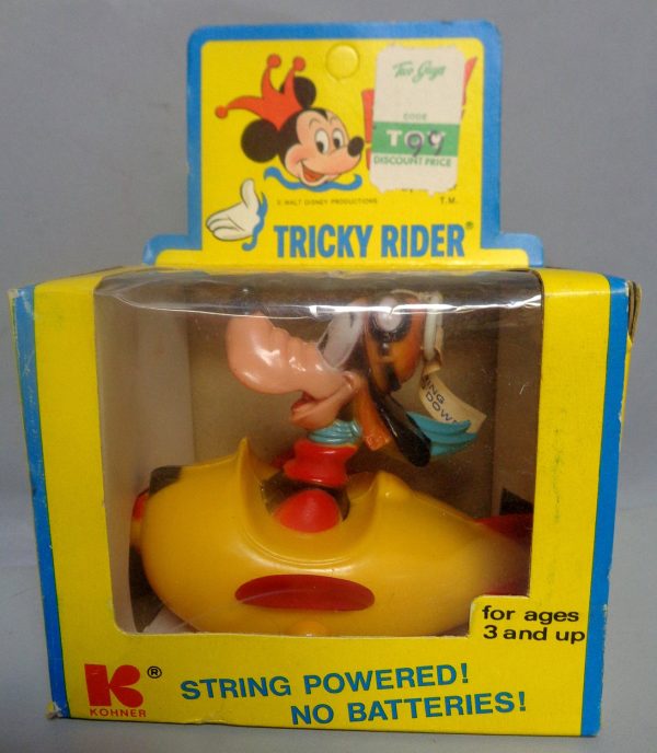 DISNEY TRICKY RIDER,Goofy,298, String Powered, Vintage Childs Toy, Walt Disney Productions,  Kohner Bros,Mickey Mouse Club, Push & Pull Sale