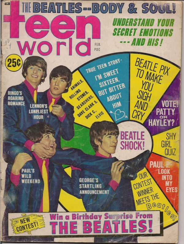 BEATLEmania! Teen World Magazine,Feb 1965,BEATLES,Elvis,Animals,Searchers,Dave Clark 5,Patty Duke,British Invasion,Rock and Roll Music Sale